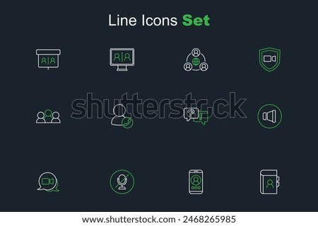 Set line Phone book, Video chat conference, Mute microphone, Speaker volume, Question and Answer,  and Meeting icon. Vector