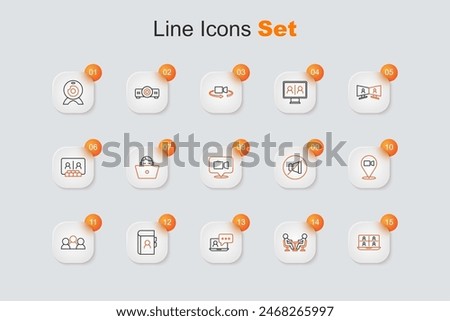 Set line Video chat conference, Meeting, Phone book, Mute microphone and  icon. Vector