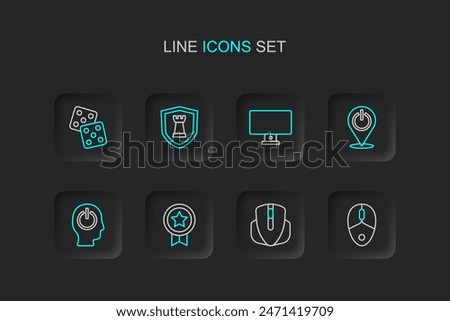 Set line Computer mouse, Game rating with medal, Power button, monitor, Chess shield and dice icon. Vector