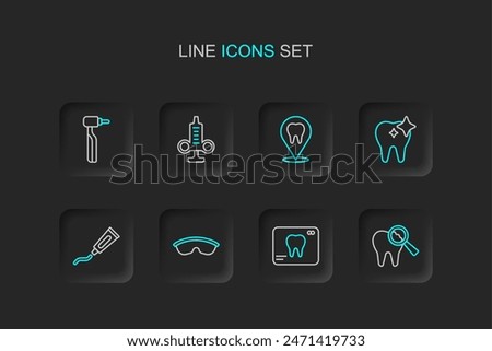 Set line Broken tooth, X-ray of, Safety goggle glasses, Tube toothpaste, Tooth whitening, Dental clinic location, Syringe and drill icon. Vector