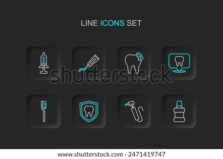 Set line Mouthwash, Tooth drill, Dental protection, Toothbrush, clinic location, Broken tooth, Tube of toothpaste and Syringe icon. Vector