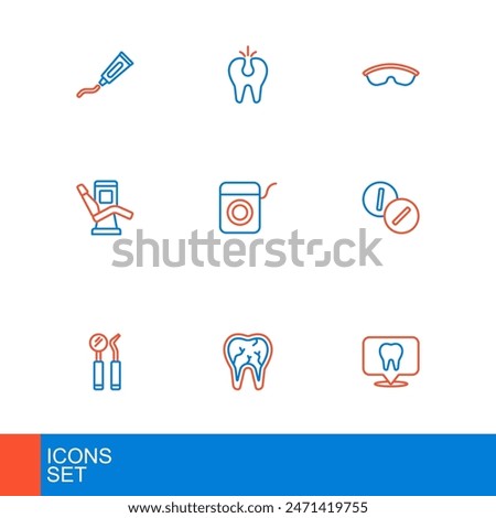 Set line Dental clinic location, Broken tooth, mirror and probe, Toothache painkiller tablet, Medical dental chair, floss, Safety goggle glasses and  icon. Vector