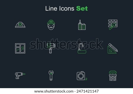 Set line Chimney, Roulette construction, Adjustable wrench, Electric drill machine, Triangular ruler and pencil, Washbasin, Paint roller brush and Window room icon. Vector