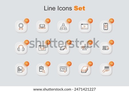 Set line Book donation, Certificate template, Online quiz, test, survey, Exam sheet with A plus grade, Web camera and book icon. Vector