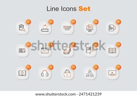 Set line Online class, Student working at laptop, Headphones, Audio book, Open, Electronic with mouse and Book icon. Vector