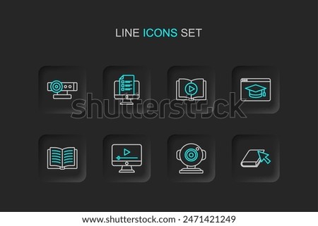 Set line Online book, Web camera, play video, Open, education, Audio, quiz, test, survey and  icon. Vector