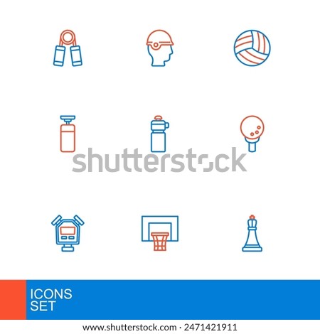 Set line Chess, Basketball backboard, Stopwatch, Golf on tee, Punching bag, Fitness shaker, Volleyball and Baseball helmet icon. Vector