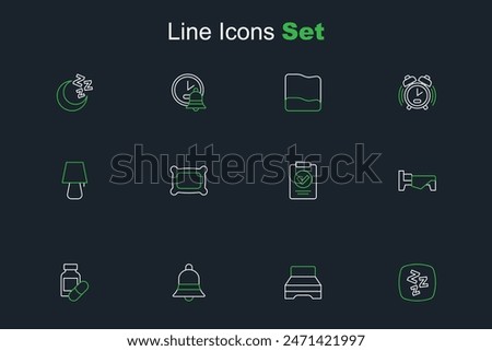 Set line Sleepy, Big bed, Ringing bell, Sleeping pill, Bed, Medical prescription, Pillow and Table lamp icon. Vector