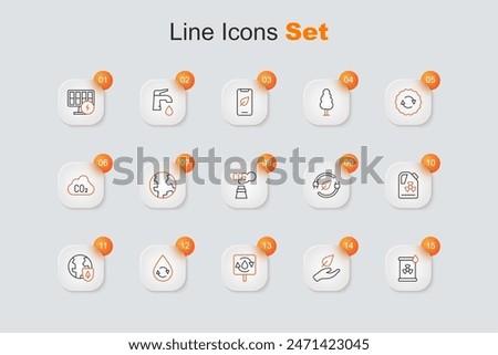 Set line Radioactive waste in barrel, Leaf hand, Recycle clean aqua, Earth with shield, Electric saving plug leaf and CO2 emissions cloud icon. Vector