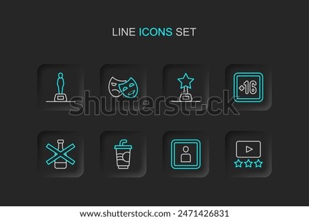 Set line Rating movie, Play Video, Paper glass with water, No alcohol, Plus 16, Movie trophy, Comedy and tragedy masks and  icon. Vector