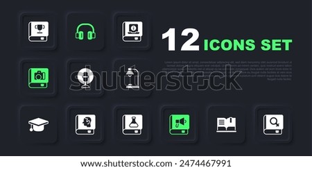 Set Open book, Book about women, Microphone, Photo album gallery, Law, Headphones and Chemistry icon. Vector