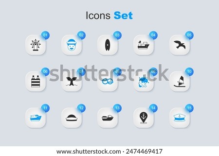Set Location with anchor, Whale tail, Sailor, Speedboat, Captain hat, Windsurfing, Ship steering wheel and Nautical rope knots icon. Vector