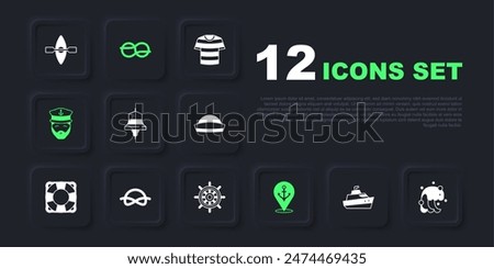 Set Speedboat, Tsunami, Ship bell, Location with anchor, Captain of ship, Nautical rope knots,  and steering wheel icon. Vector