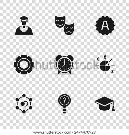 Set Unknown search, Trigonometric circle, Graduation cap, Alarm clock, Exam sheet with plus grade, Graduate and graduation, Comedy tragedy masks and Gear icon. Vector