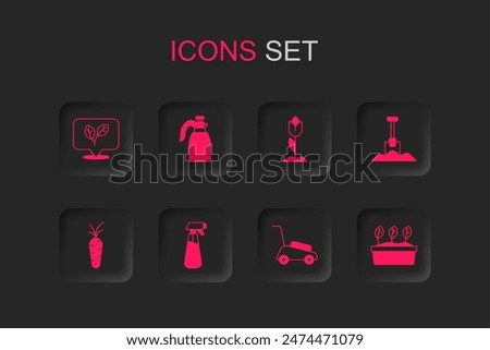 Set Garden sprayer for water, Leaf, Lawn mower, Shovel, Plant in pot, Flower tulip and Carrot icon. Vector