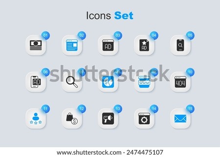 Set Browser setting, Magnifying glass, Advertising, Consumer product rating, Mail and e-mail, Page with 404 error, Stacks paper money cash and Market analysis icon. Vector