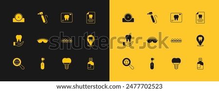 Set Clipboard with dental card, Electric toothbrush, Teeth braces, Dental implant, Safety goggle glasses, X-ray of, Otolaryngological head reflector and Tooth drill icon. Vector