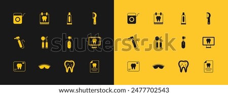 Set Dental floss, Safety goggle glasses, Electric toothbrush, Broken, mirror and probe, Tube of toothpaste,  and Calendar with icon. Vector