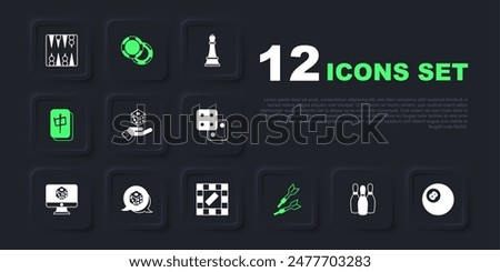 Set Bowling pin, Billiard pool snooker ball, Game dice, Dart arrow, Mahjong pieces, Casino chips and Board game icon. Vector