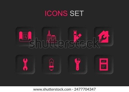 Set Light bulb, City landscape, House plan, Adjustable wrench, with spanner, Window in room, Industry metallic pipe and Wrench icon. Vector