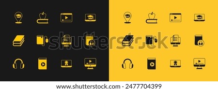 Set Graduation cap on laptop, Audio book, Online quiz, test, survey, education with diploma, Electronic mouse, play video,  and Book apple icon. Vector