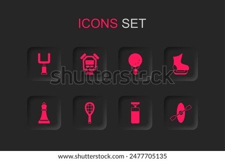 Set Tennis racket, Stopwatch, American football goal post, Punching bag, Skates, Kayak and paddle, Golf on tee and Chess icon. Vector