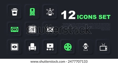 Set Science fiction, Retro tv, Plus 16 movie, Film reel, VHS video cassette tape, Cinema chair, Stereo speaker and Rating icon. Vector