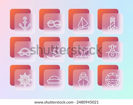 Set line Lighthouse, Sailor hat, Whale tail, Yacht sailboat, Windsurfing, Anchor and Nautical rope knots icon. Vector