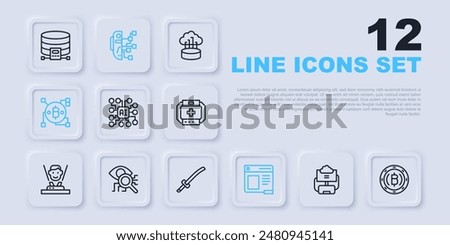 Set line Cloud database, Cryptocurrency coin Bitcoin, Neural network, Browser window, Blockchain technology, Eye scan, Humanoid robot and Katana icon. Vector