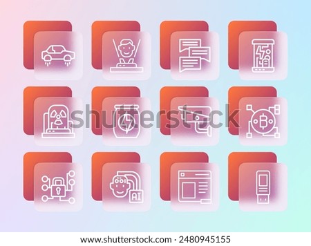 Set line Cryogenic capsules, Humanoid robot, Security camera, Browser window, Energy drink, Speech bubble chat, Fantastic flying car and Hologram icon. Vector