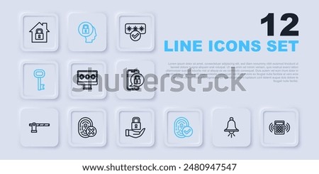 Set line Ringing alarm bell, Security keypad access panel, Monitor with password, Fingerprint, Old, Cancelled fingerprint, Lock and  icon. Vector