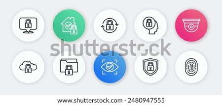 Set line Eye scan, Security camera, Cloud computing lock, Shield security with, Lock, Fingerprint and Folder and icon. Vector