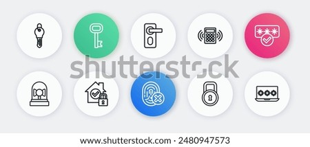 Set line Cancelled fingerprint, Password protection, Ringing alarm bell, Lock, Security keypad access panel, Fingerprint door lock, Laptop with password and House under icon. Vector