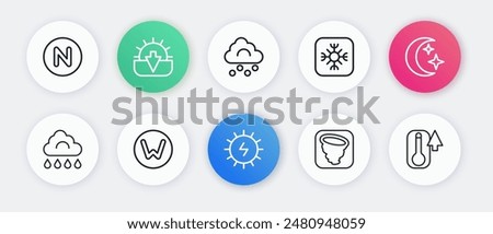 Set line Solar energy panel, Moon and stars, Cloud with rain, Tornado, Snowflake, Hail cloud, Thermometer and Compass north icon. Vector