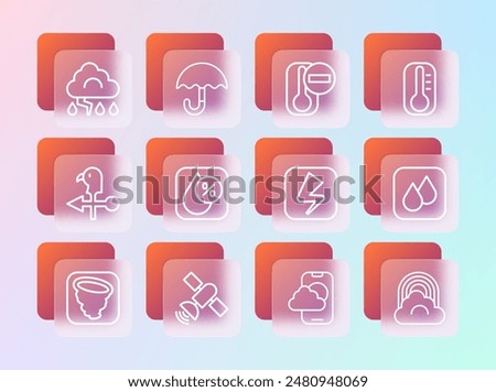 Set line Thermometer, Satellite, Lightning bolt, Weather forecast app, Water drop percentage, Cloud and lightning and Umbrella icon. Vector