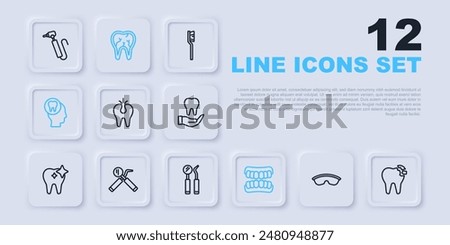 Set line Safety goggle glasses, Broken tooth, Dentures model, Toothache, Dental mirror and probe,  and  icon. Vector