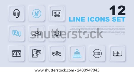 Set line Video chat conference, Meeting, Speaker, Question and Answer, Mute microphone and Movie, film, media projector icon. Vector