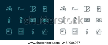 Set line Window in room, Electrical outlet, Trowel, Adjustable wrench, Wallpaper, House and Hand saw icon. Vector