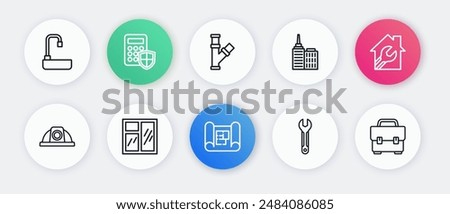 Set line House plan, with wrench spanner, Worker safety helmet, Wrench, City landscape, Industry metallic pipe, Toolbox and Window in room icon. Vector