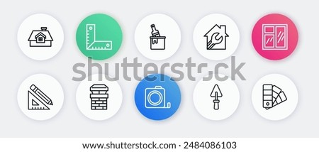 Set line Roulette construction, Window in room, Triangular ruler and pencil, Trowel, House with wrench spanner, Paint bucket brush, Color palette guide and Chimney icon. Vector