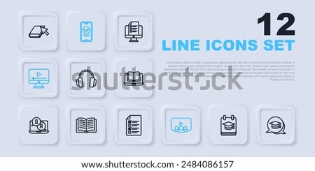 Set line Online education, Graduation cap speech bubble, Headphones, class, play video, Open book, quiz, test, survey and  icon. Vector