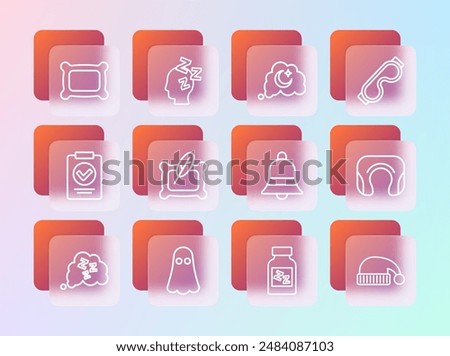 Set line Eye sleep mask, Ghost, Ringing bell, Sleeping pill, Pillow, Dreams,  and  icon. Vector