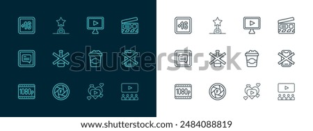 Set line Movie clapper, Camera shutter, Popcorn in cardboard box, Romantic movie, No alcohol, Online play video, Plus 16 and trophy icon. Vector