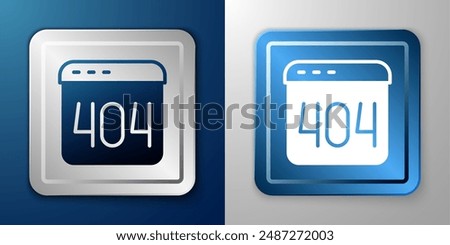 White Page with a 404 error icon isolated on blue and grey background. Template reports that the page is not found. Silver and blue square button. Vector