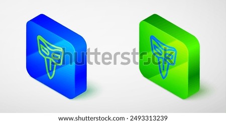 Isometric line Carnival mask icon isolated grey background. Masquerade party mask. Blue and green square button. Vector