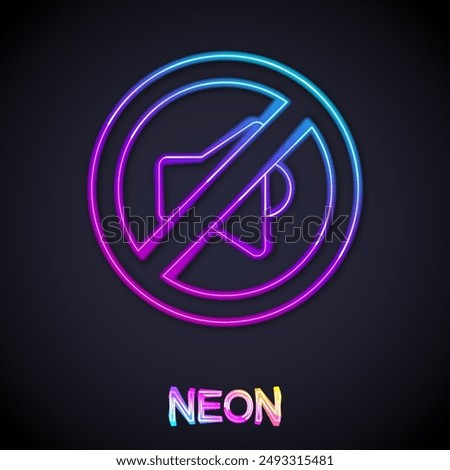 Glowing neon line Speaker mute icon isolated on black background. No sound icon. Volume Off symbol.  Vector