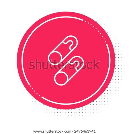 White line Classic closed steel safety pin icon isolated on white background. Red circle button. Vector