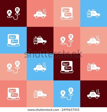 Set pop art Route location, Broken taxi car, Taxi mobile app and  icon. Vector