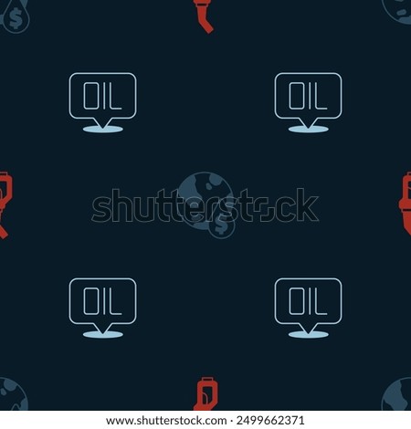 Set Gasoline pump nozzle, Oil drop with dollar symbol and Word oil on seamless pattern. Vector