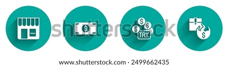 Set Market store, Stacks paper money cash, Tax payment and Hot price icon with long shadow. Vector